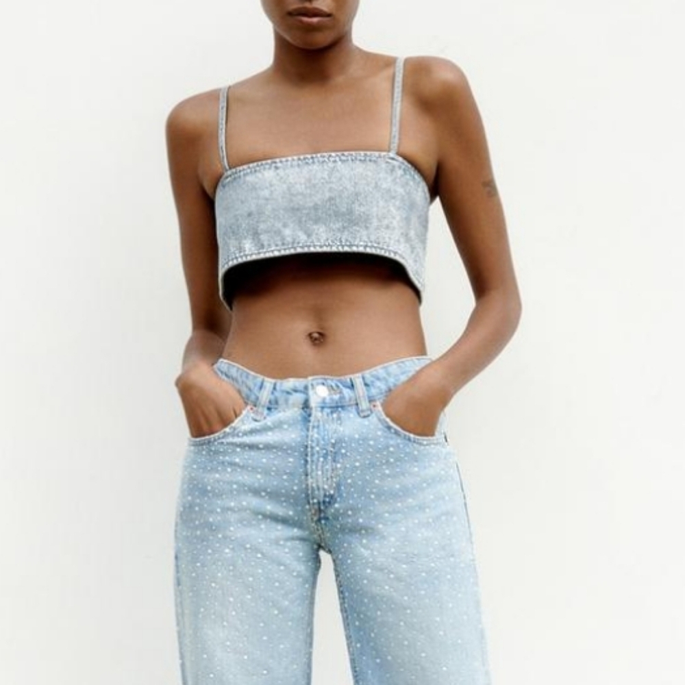 Zara SEQUINNED FOIL DENIM CROP TOP - Picture 2 of 8